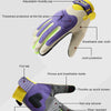 A purple and yellow breathable motorcycle riding glove showing various features like hook loop, joint protection, and tear ta