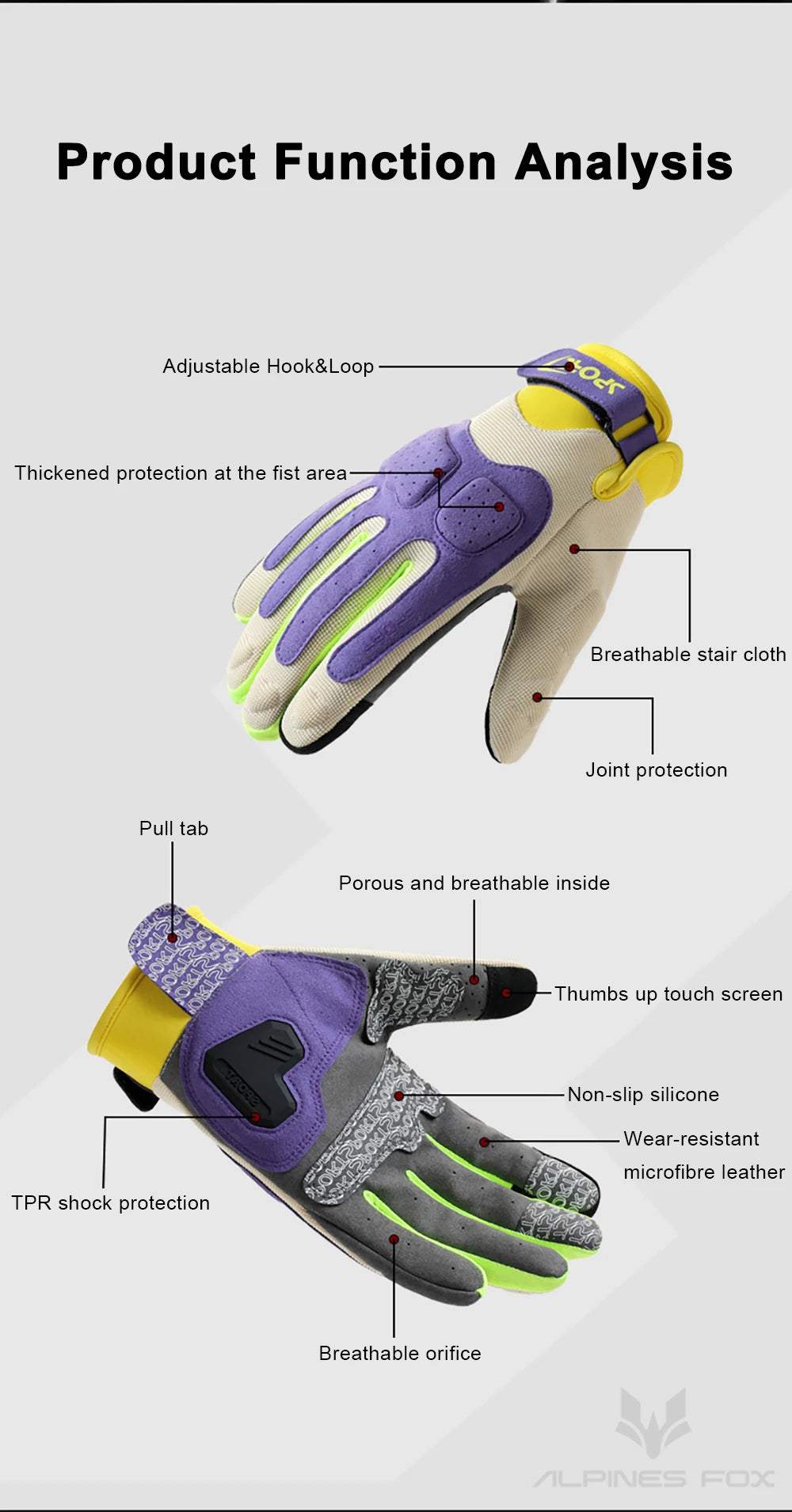 A purple and yellow breathable motorcycle riding glove showing various features like hook loop, joint protection, and tear ta