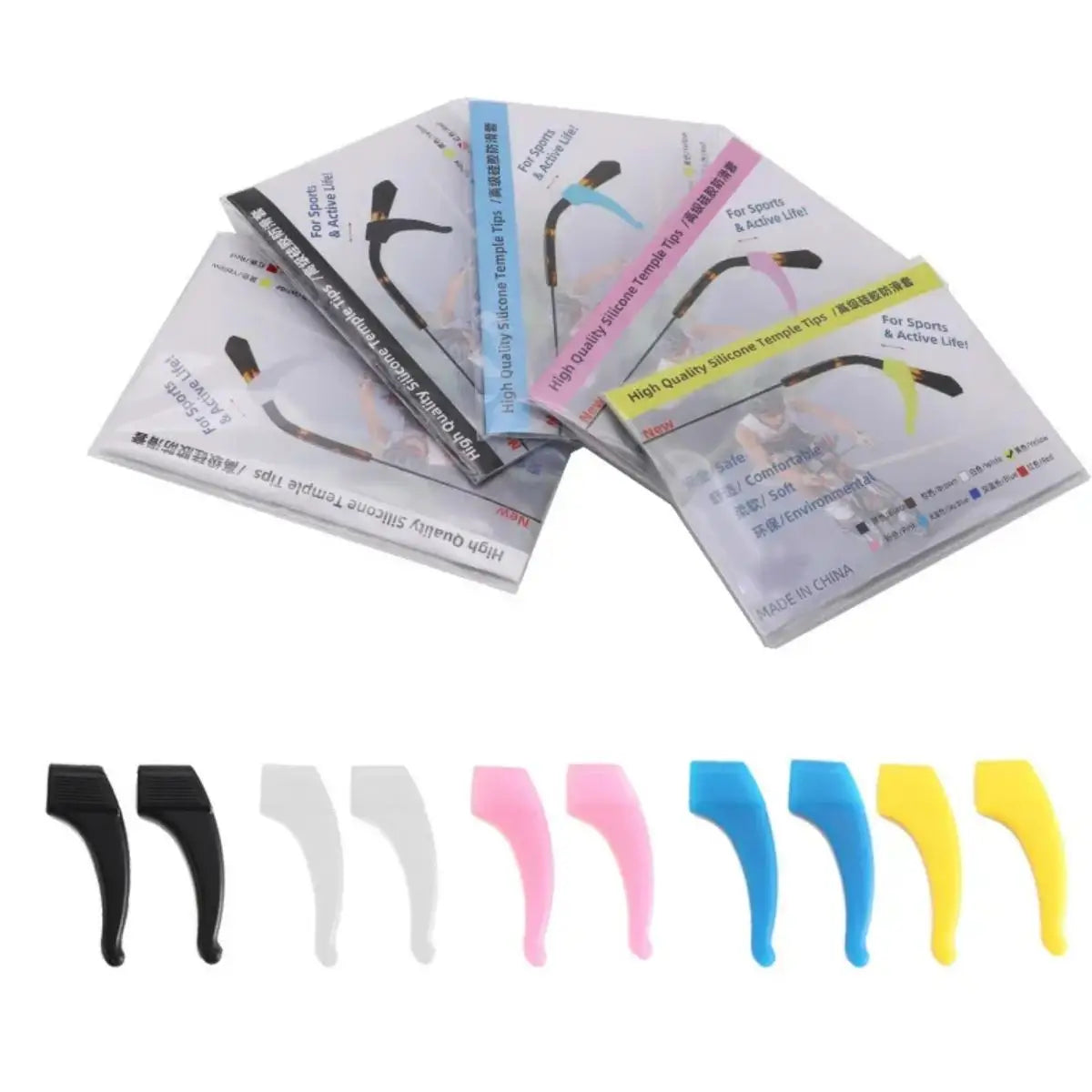 Un ensemble de grips en silicone antidérapants pour lunettes, dans diverses couleurs et formes.