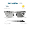 Pair of clear photochromic sunglasses shown with a comparison graphic illustrating tint changes from cloudy to sunny conditio