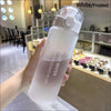 A hand holds a white frosted transparent sports water bottle filled with clear liquid in a bright indoor setting.