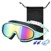 A pair of light blue swim goggles with a black strap and a black pouch are shown.