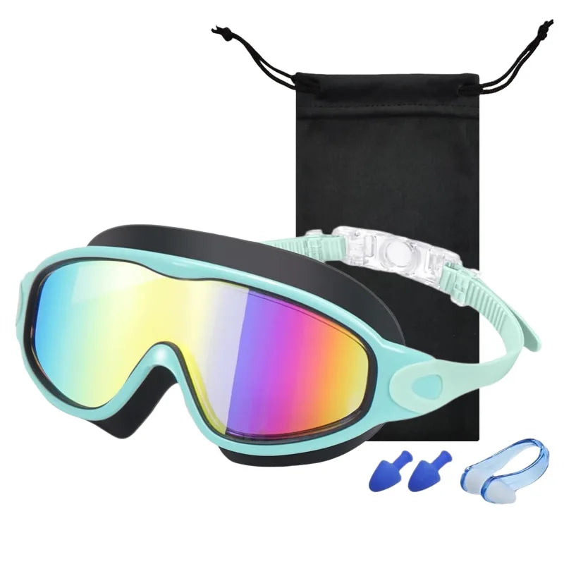 A pair of light blue swim goggles with a black strap and a black pouch are shown.
