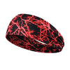 A black elastic sports headband with a vibrant red, crackled pattern, shown from the side.
