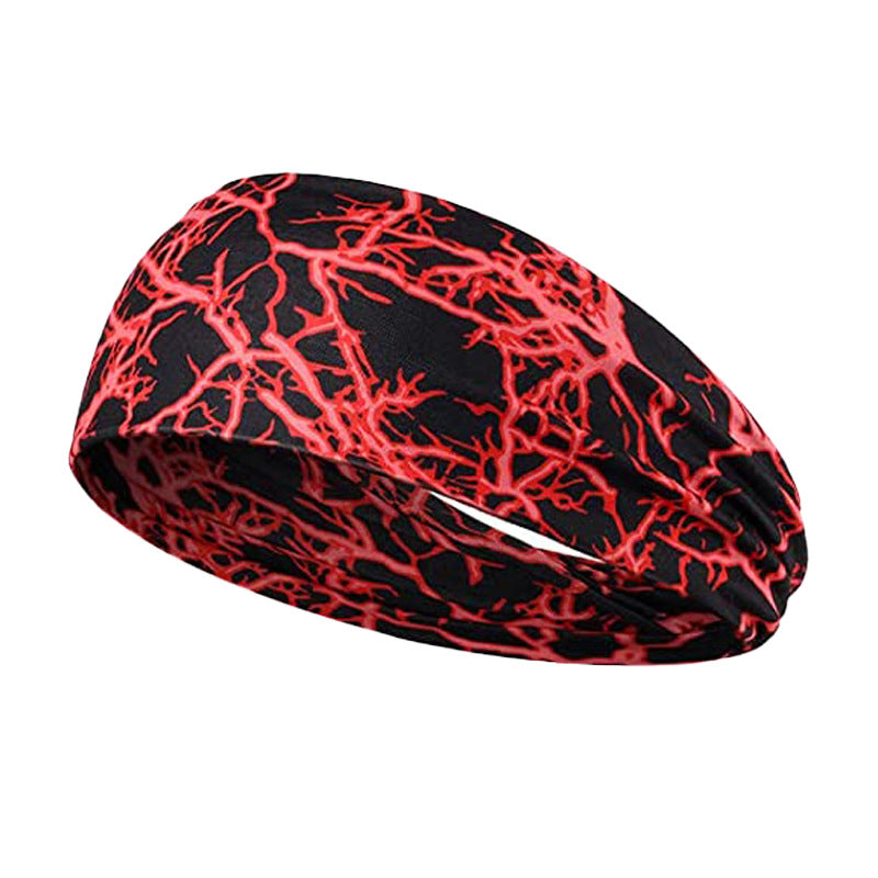 A black elastic sports headband with a vibrant red, crackled pattern, shown from the side.