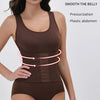 A woman models a brown, seamless pressure suit for abdominal slimming and smoothing.