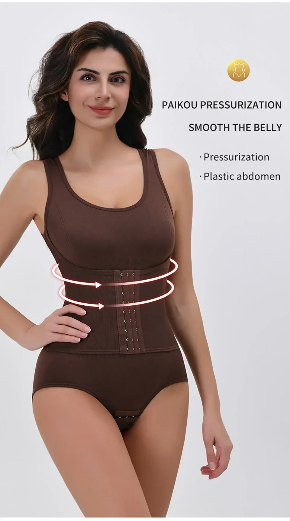A woman models a brown, zippered body shaper slimming bodysuit designed for tummy control.
