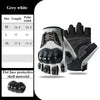 Grey and white breathable half-finger motorcycle cycling gloves shown with size chart and protective shell material detail