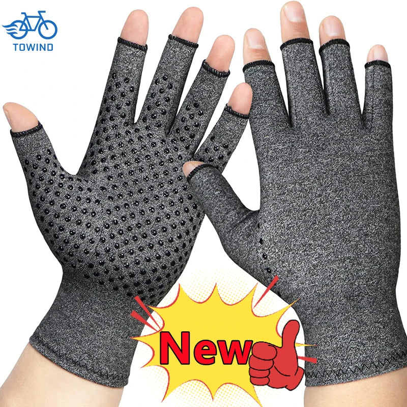 A pair of black compression gloves for the hand and wrist, shown against a white background.