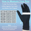 A hand wearing black arthritis relief gloves demonstrates how to measure size using a ruler against the fingers.