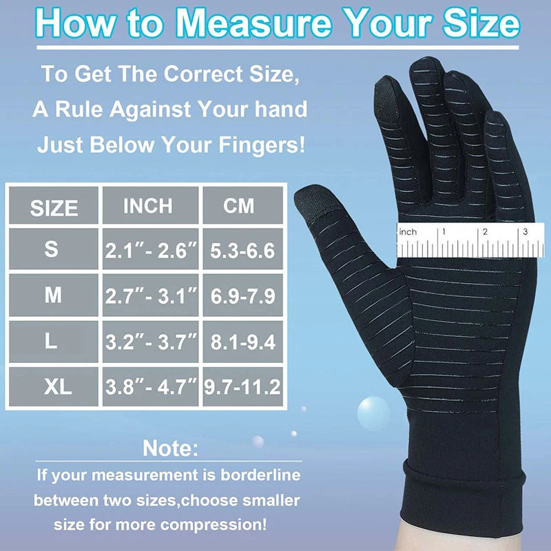 A hand wearing black arthritis relief gloves demonstrates how to measure size using a ruler against the fingers.