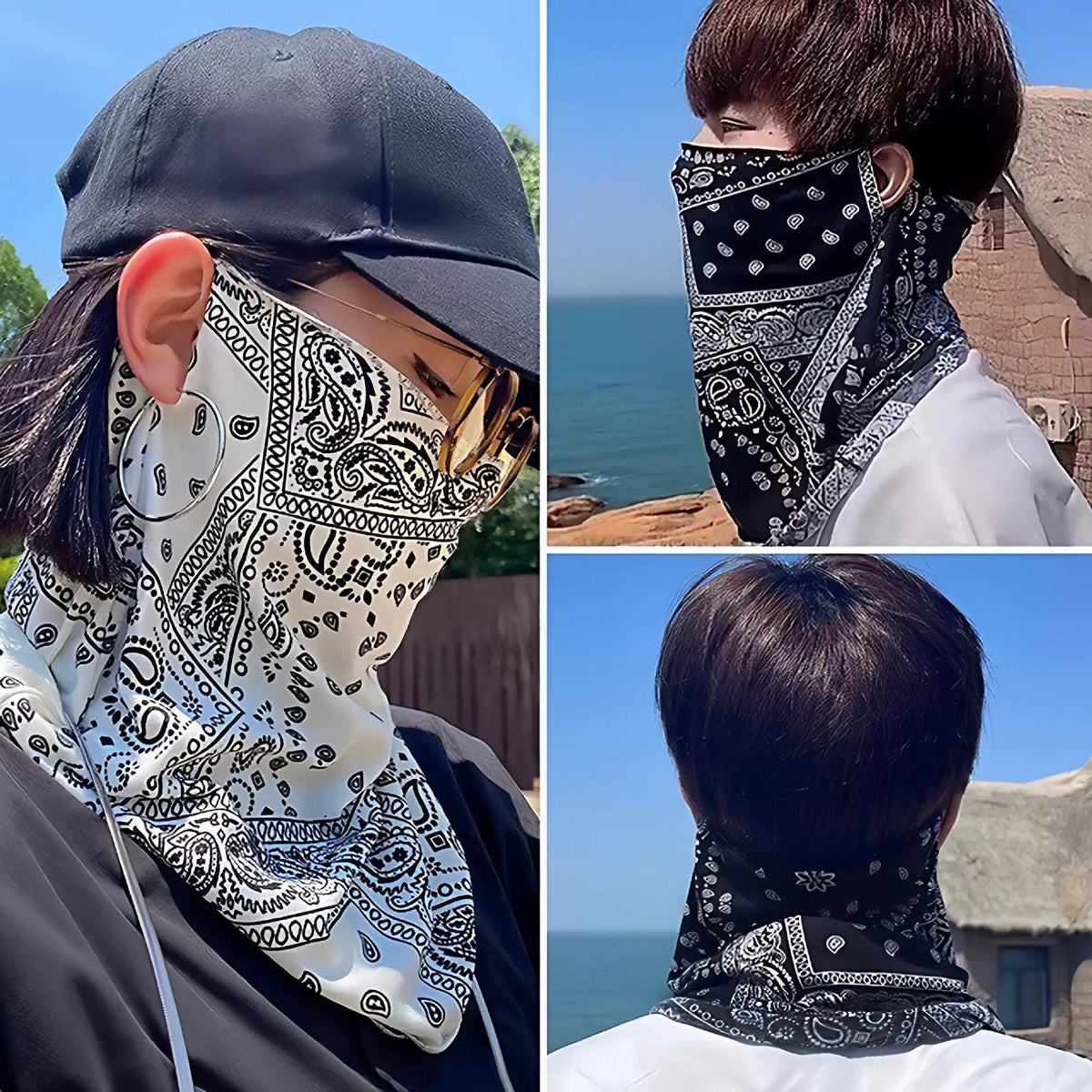 Una persona con gorra de béisbol negra y una bufanda protectora de UV con estampado paisley cubriendo su cara.