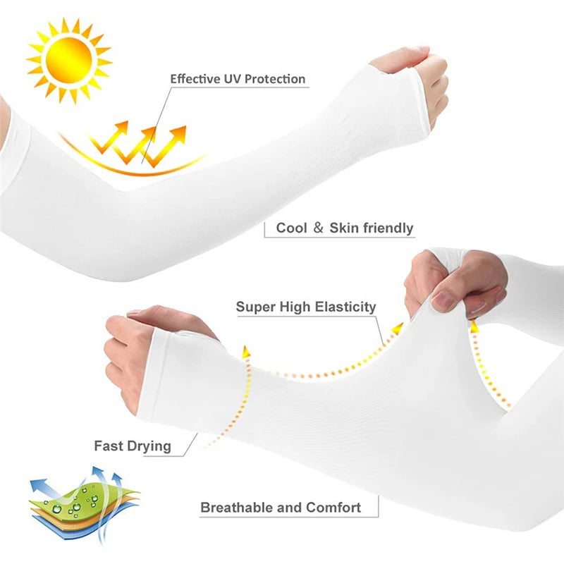 White summer ice silk anti-sunburn arm sleeves shown protecting the arm and highlighting features like UV protection and elas