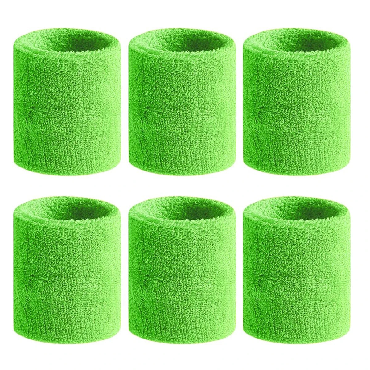 Six green foam wrist guards in a pack for sports and sweat absorption.