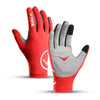 A pair of red and gray performance cycling gloves for mountain biking and road riding