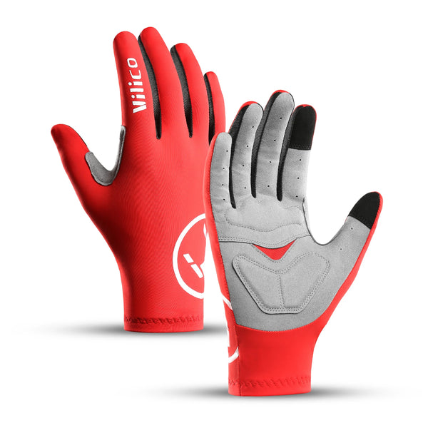 A pair of red and gray performance cycling gloves for mountain biking and road riding