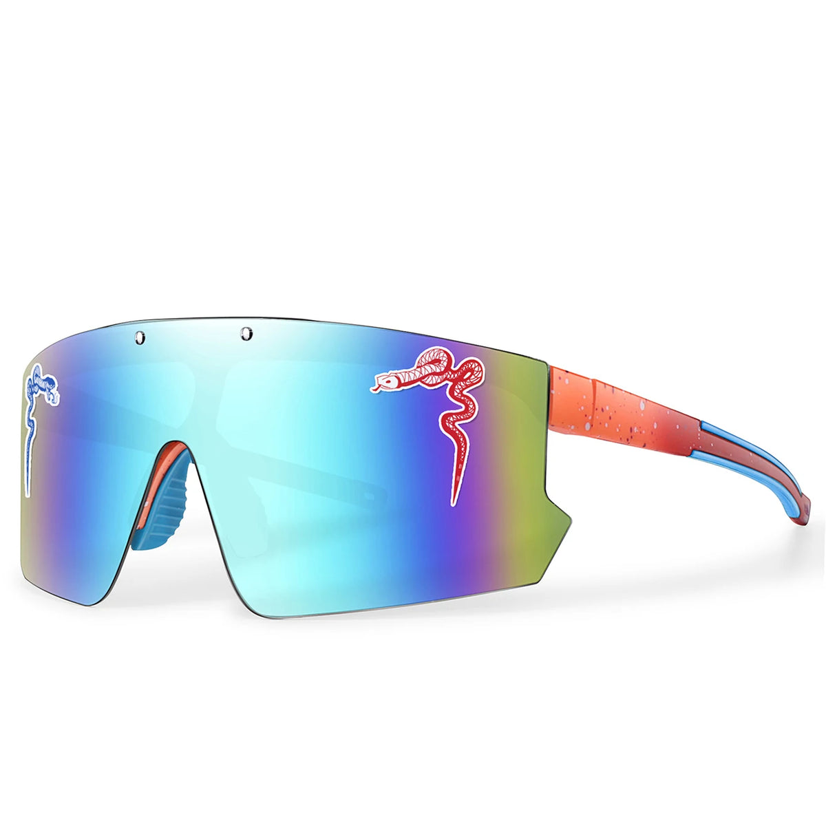 A pair of orange and blue UV400 polarized cycling sunglasses viewed from the side.