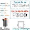 Schwarze tragbare elektrische Luftpumpe mit integrierter LED-Leuchte und verschiedenen Kompatibilitätsangaben.