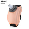 A pink silicone hydration bottle with a black strap and a clear cap.