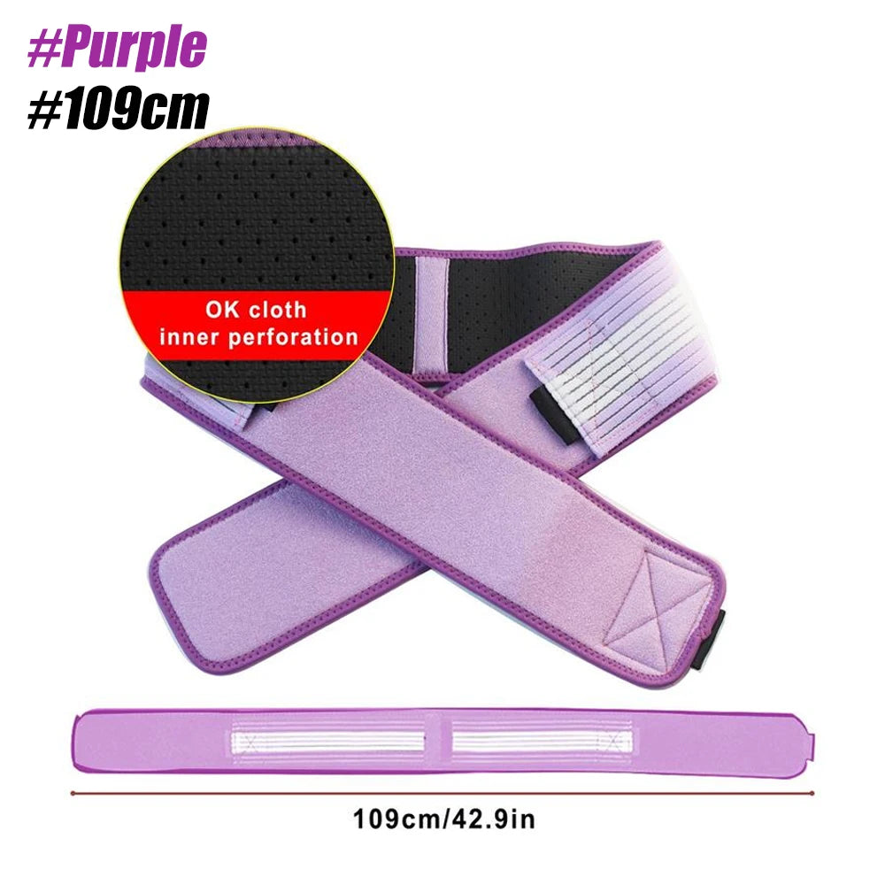 A purple adjustable pelvic support hip belt for lower back and SI joint relief, shown with an inner perforation detail.