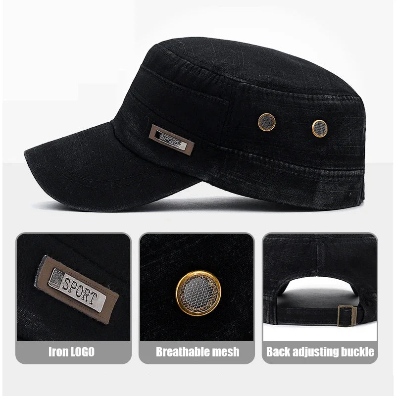 Classic Military Cadet Flat Cap – Unisex Adjustable Snapback
