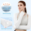 White ice silk sun protection arm sleeves shown on a model, highlighting breathability and lightweight features.