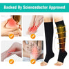 Demonstration of graduated pressure calf compression stockings on a leg.