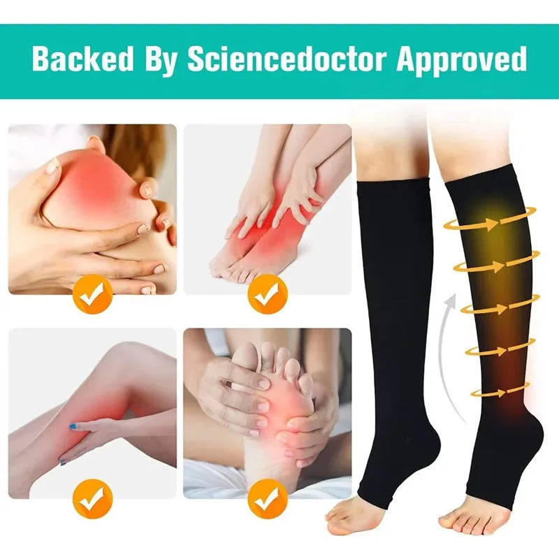 Demonstration of graduated pressure calf compression stockings on a leg.