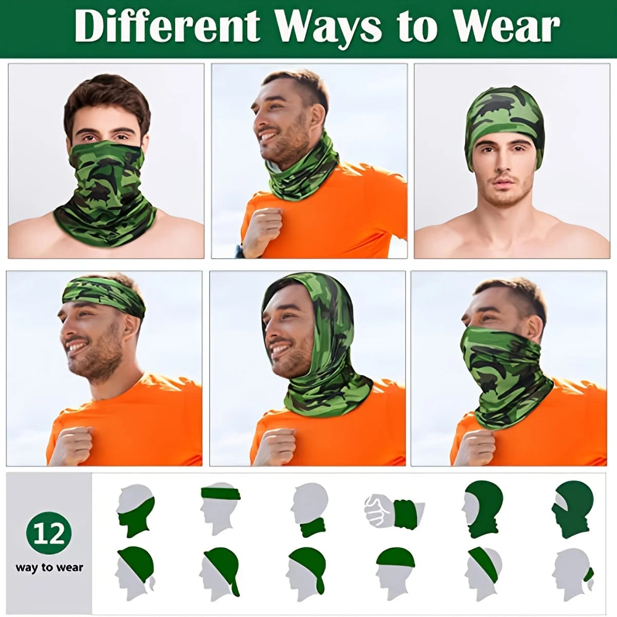 Various ways to wear a multi-functional UV protection head wrap and bandana in green camouflage color