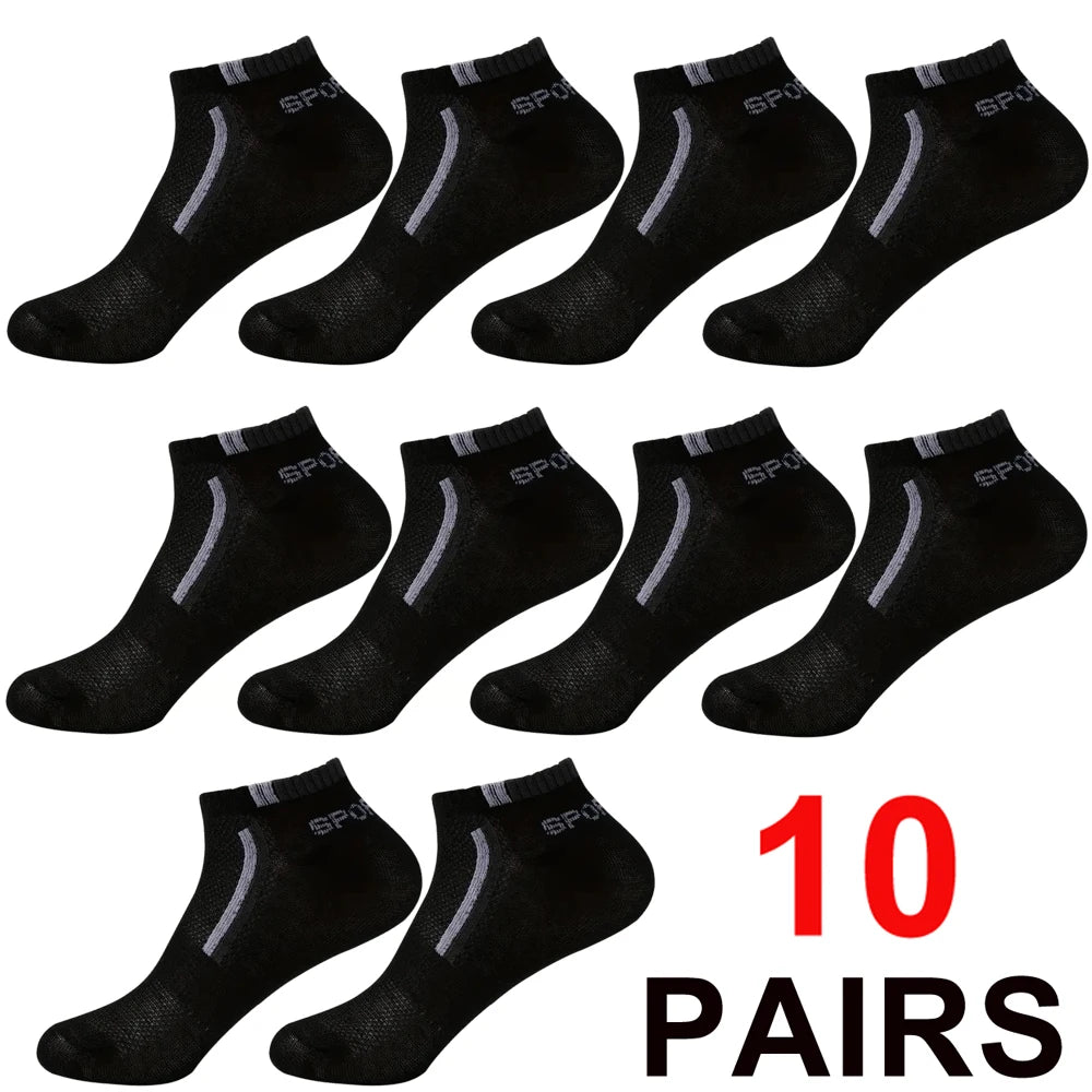 Ten pairs of black and gray color-block mesh ankle socks displayed on a white background.