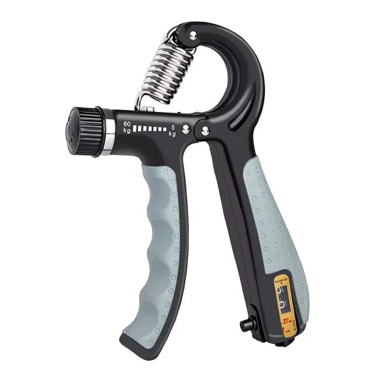 A black adjustable hand grip strengthener device for improving forearm and finger strength.
