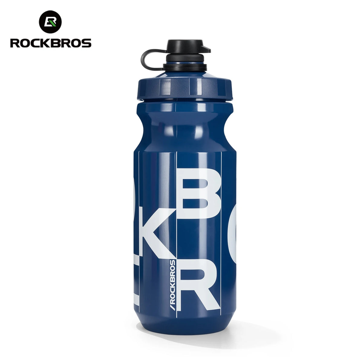 Botella de ciclismo azul oscuro y duradera con letras blancas en el lateral.