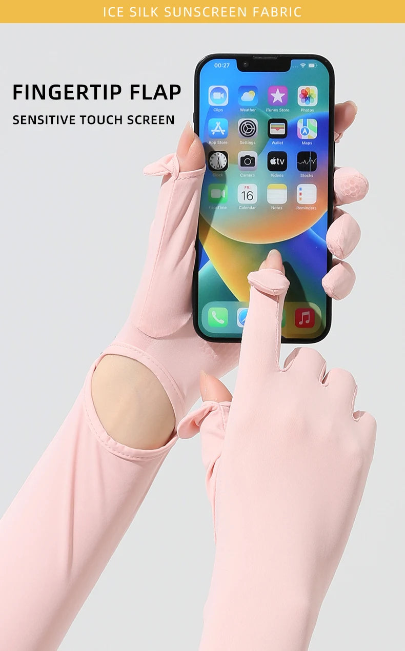 A hand wearing a pink ice silk sunscreen fabric sleeve is holding a smartphone with a fingertip flap sensitive touch screen.