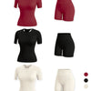 Six counts of a women's performance two-piece workout set in maroon, black, and beige.
