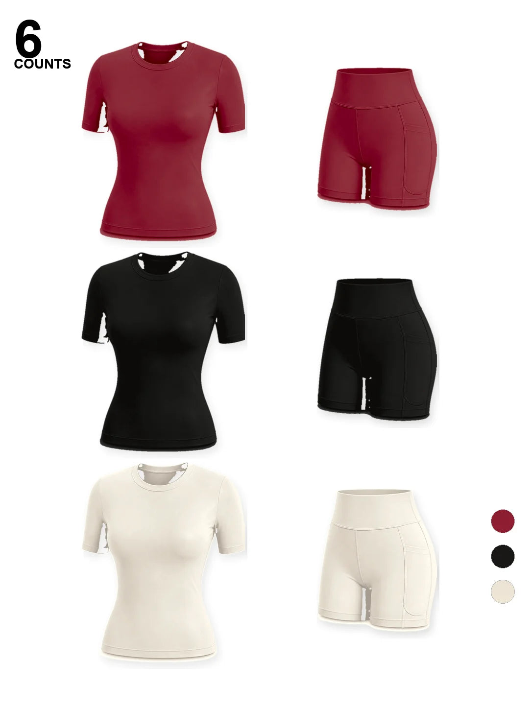Six counts of a women's performance two-piece workout set in maroon, black, and beige.