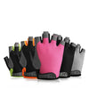 A collection of fingerless gloves in black, pink, and gray are displayed on a white background.