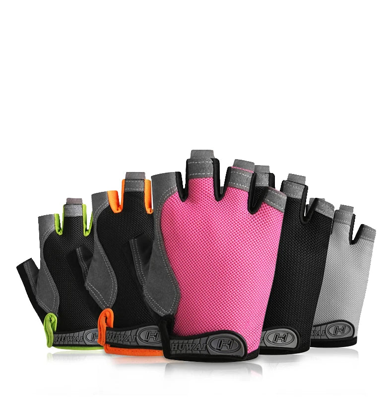 A collection of fingerless gloves in black, pink, and gray are displayed on a white background.