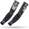 A pair of black arm sleeves featuring a skull design and intricate patterns for sports and UV protection.