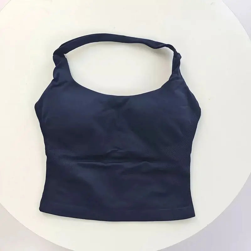 A navy blue seamless sports camisole top for yoga and fitness