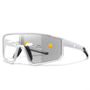 A pair of white photochromic sports sunglasses shown in a profile view.