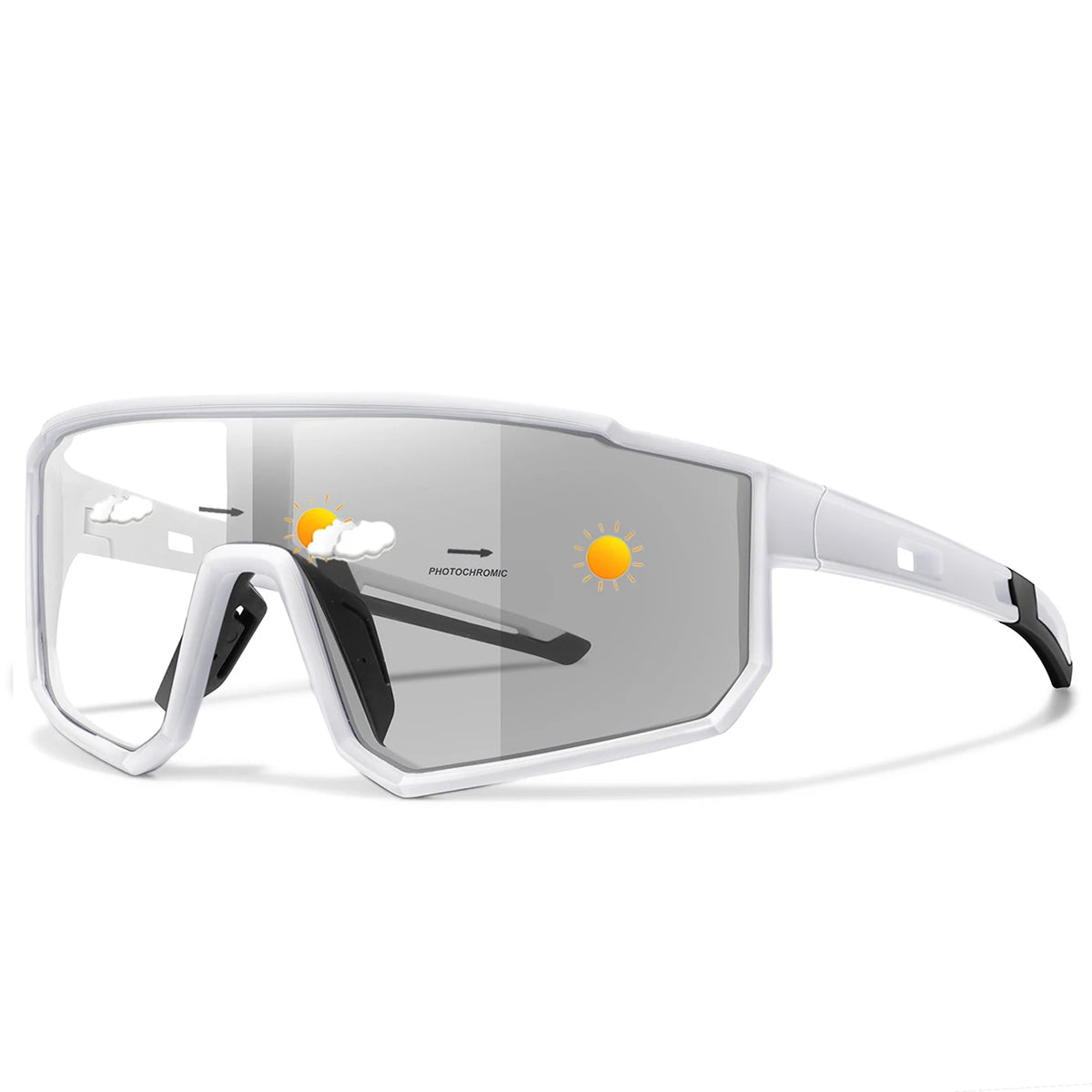 A pair of white photochromic sports sunglasses shown in a profile view.