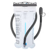 A clear water bladder with a flexible tube and a cap, designed for hydration.