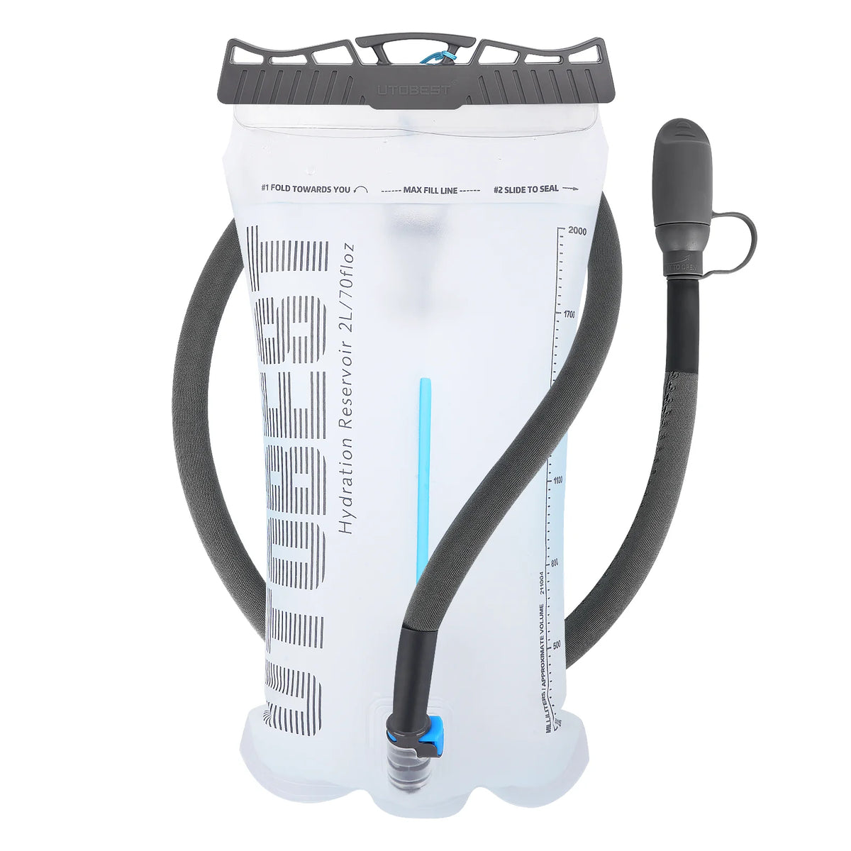 A clear water bladder with a flexible tube and a cap, designed for hydration.