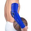 A blue sports compression sleeve for the forearm, worn on an arm next to a brown basketball.