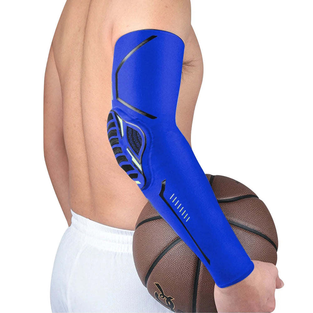 A blue sports compression sleeve for the forearm, worn on an arm next to a brown basketball.