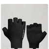 A pair of black cycling half finger gloves displayed on a light-colored stand.