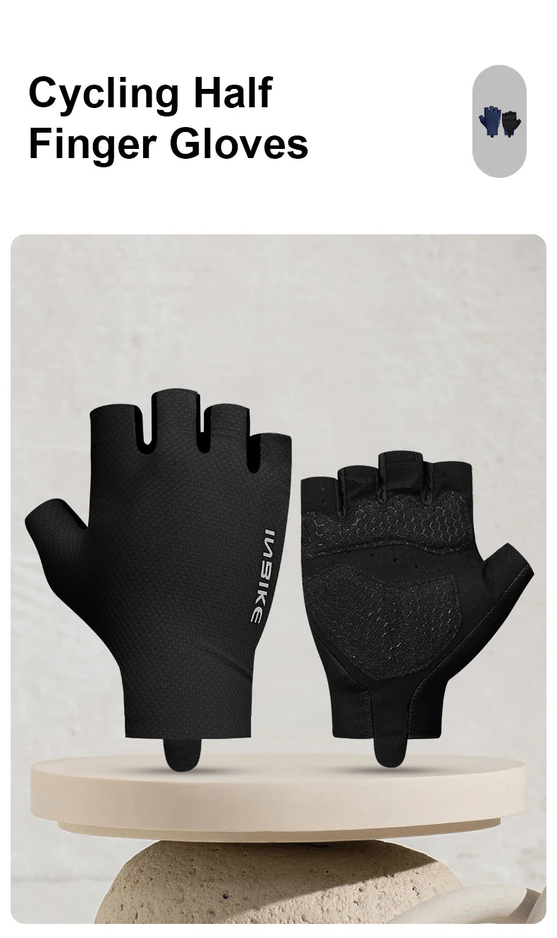 A pair of black cycling half finger gloves displayed on a light-colored stand.