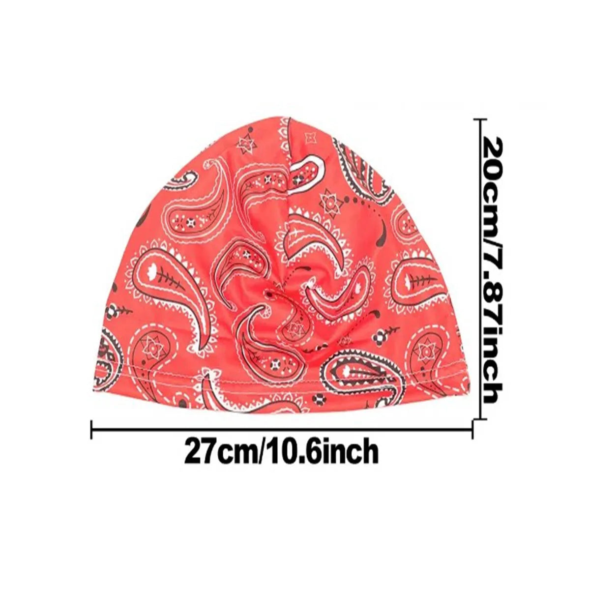 A bright coral pink printed headscarf cap for activewear, shown flat.
