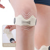 Una banda de soporte para la rodilla beige en la pierna de una persona, con un inserto que muestra el material de silicona de