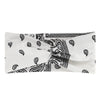 White fabric headband with black bohemian print design folded and tied